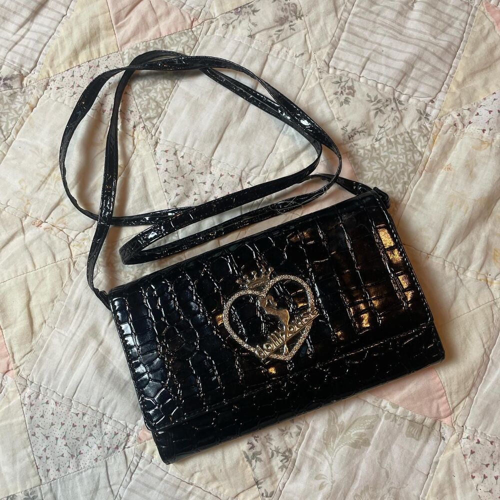 dollhouse y2k vintage black faux reptile skin crossbody trifold clutch bag